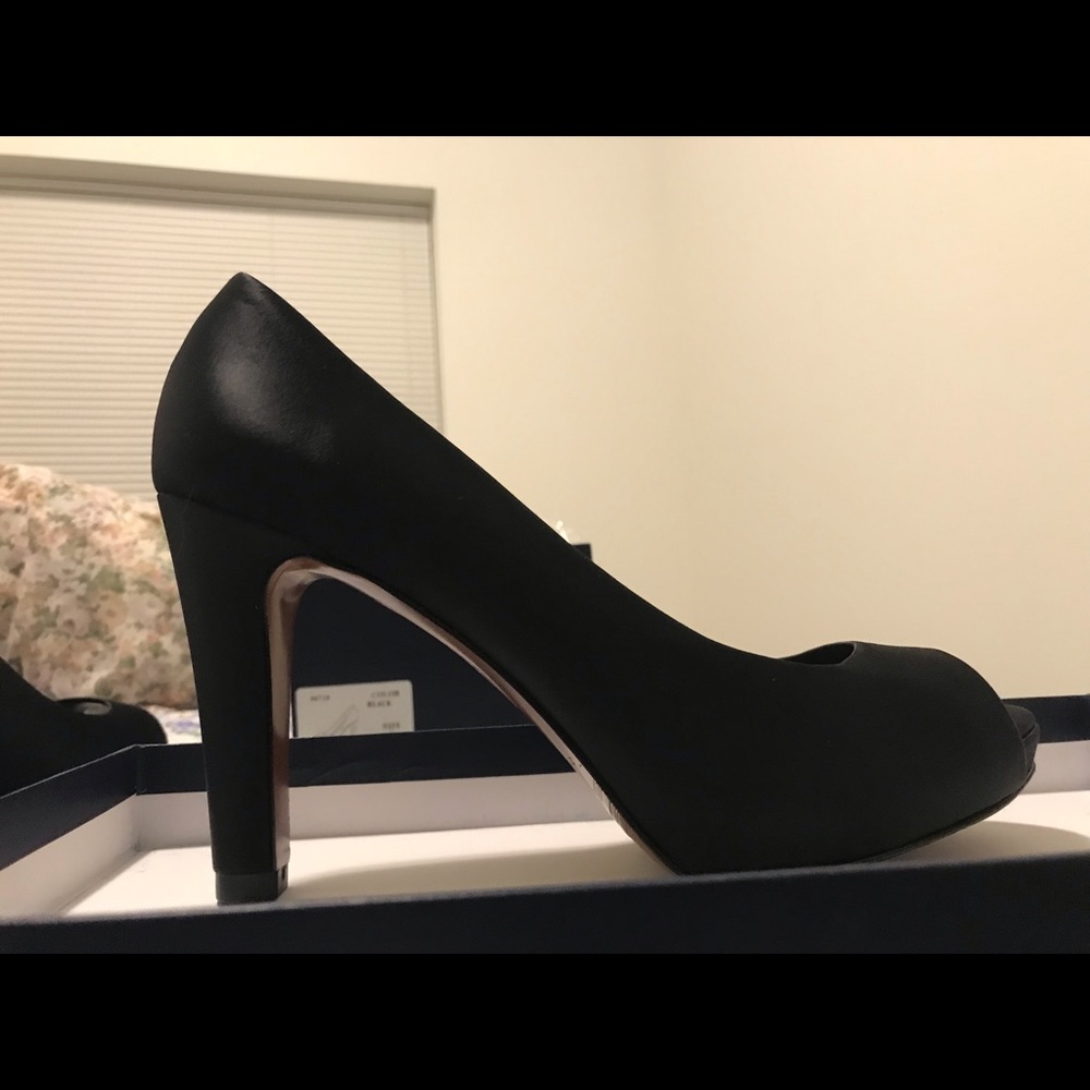 Black satin open peep toe Brooks Brothers pump heels. Never worn.